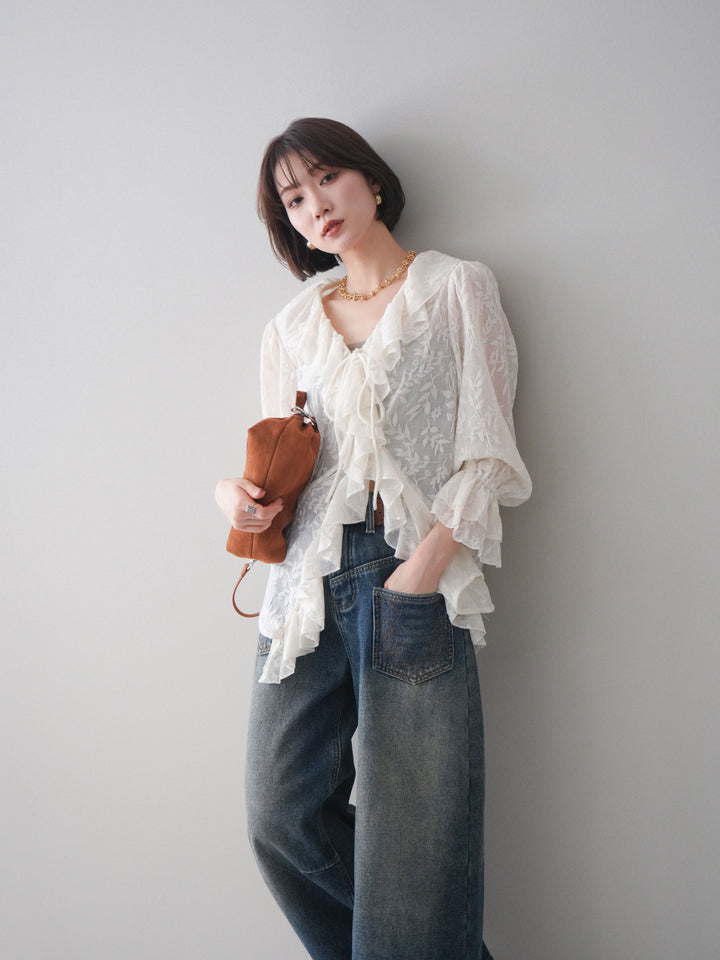 [予約]ラッフルレーススリットブラウス/ivory