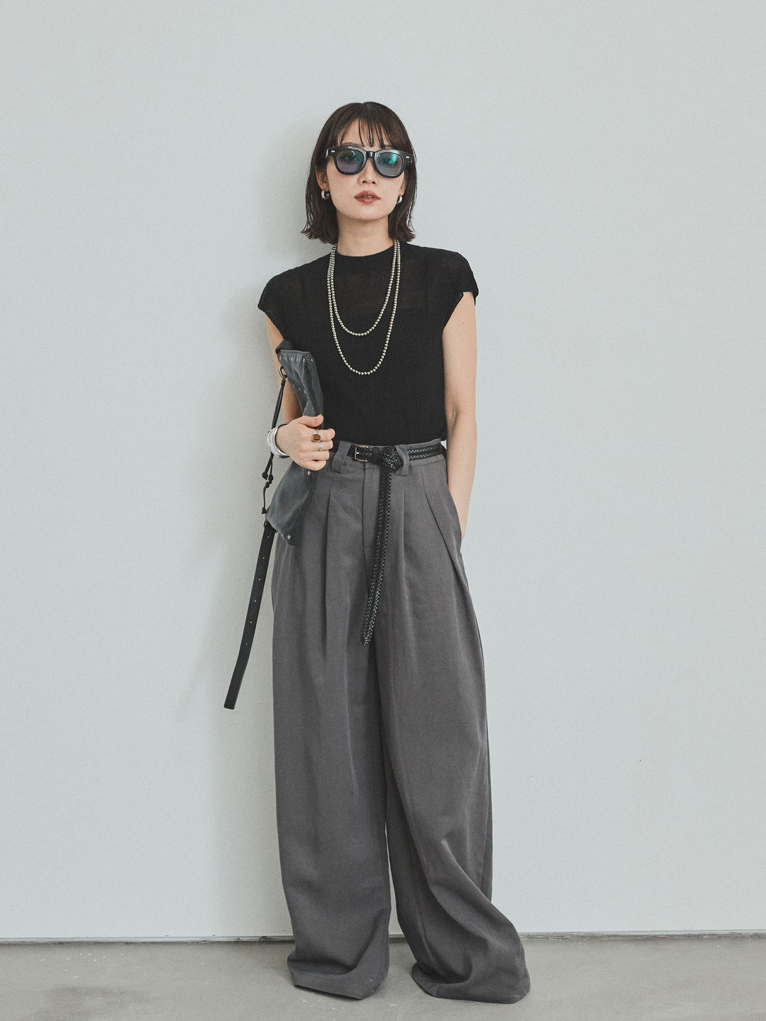 [SET] 法式袖透視針織上衣 + 亞麻觸感褶皺寬褲 (2set)