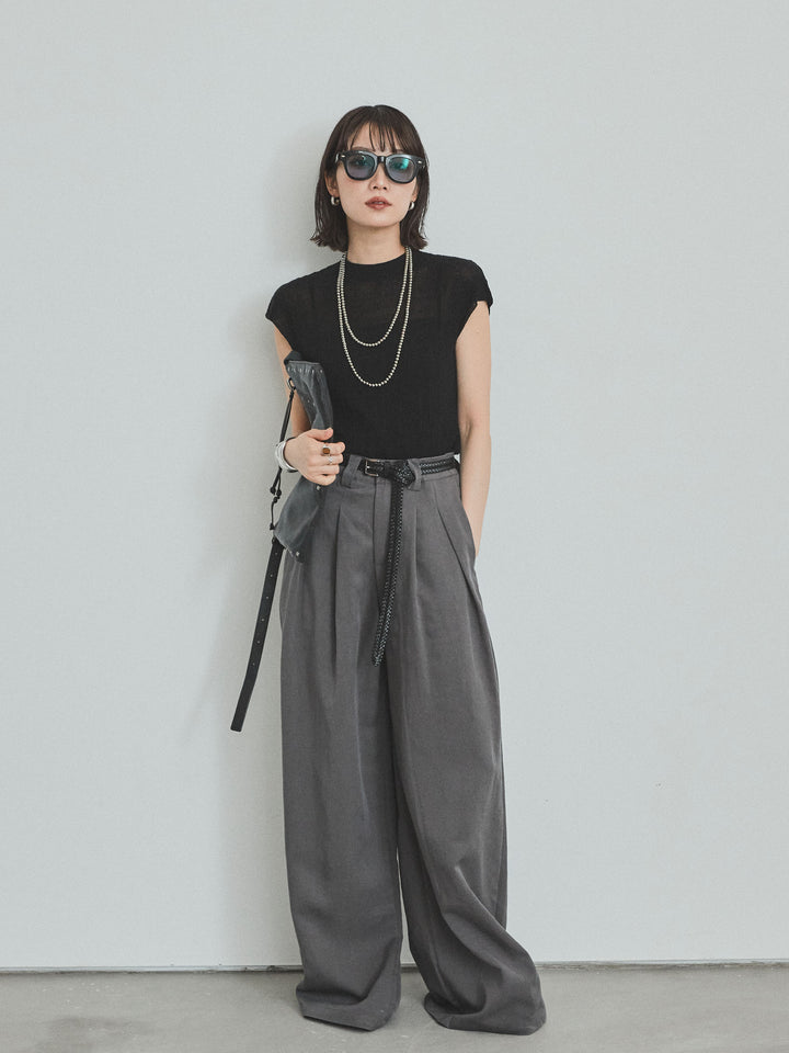 [SET] 法式袖透視針織上衣 + 亞麻觸感褶皺寬褲 (2set)