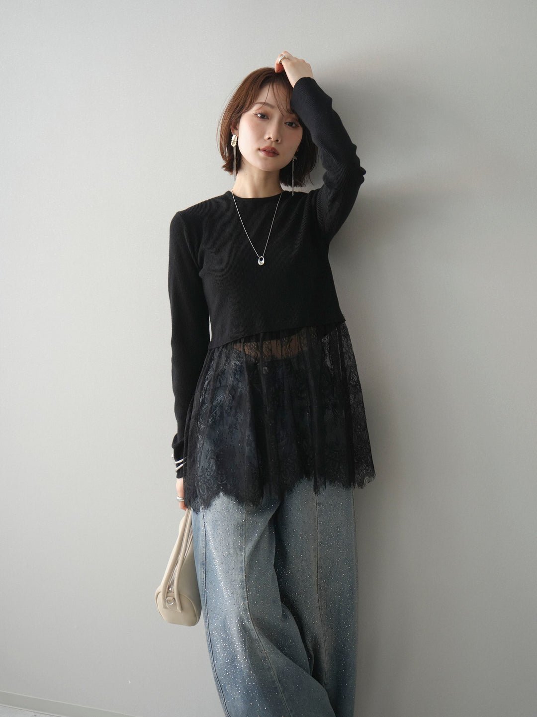 [予約]クルーネックレースドッキングリブニットトップス/black