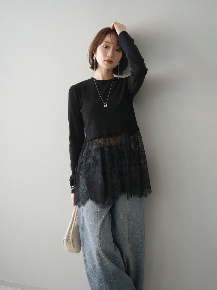 [予約]クルーネックレースドッキングリブニットトップス/black