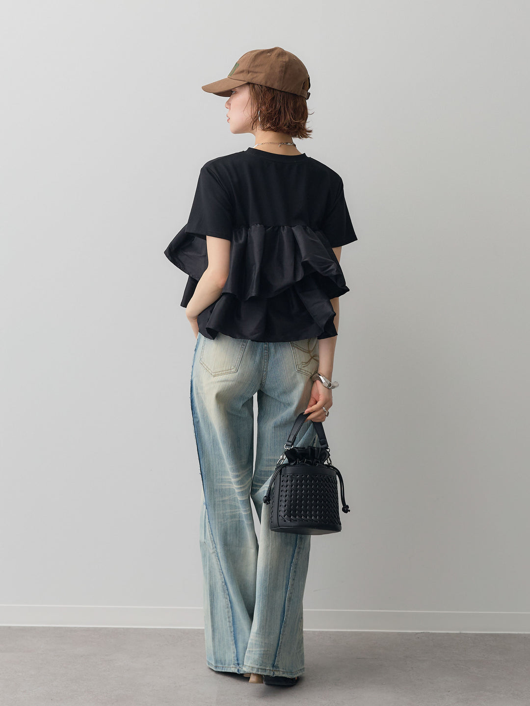 [SET]フリルティアードTEE+縦ウォッシュワイドデニムパンツ(2set)