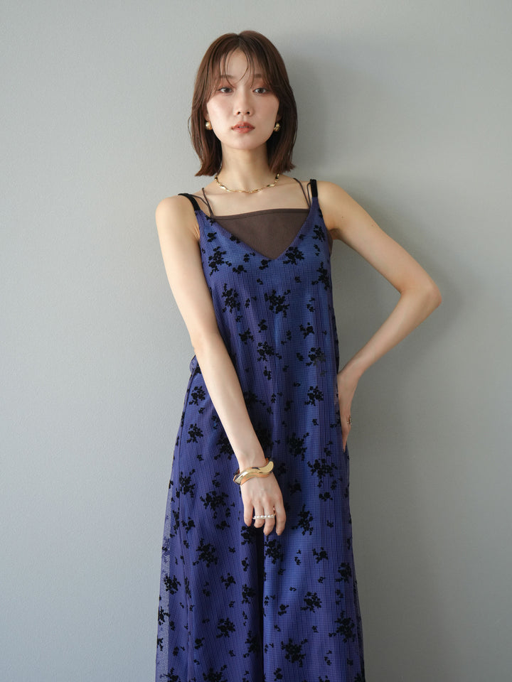 [SET]フロッキーチュールレイヤードベロアキャミワンピース+カップ付きバッククロスキャミソール(2set)