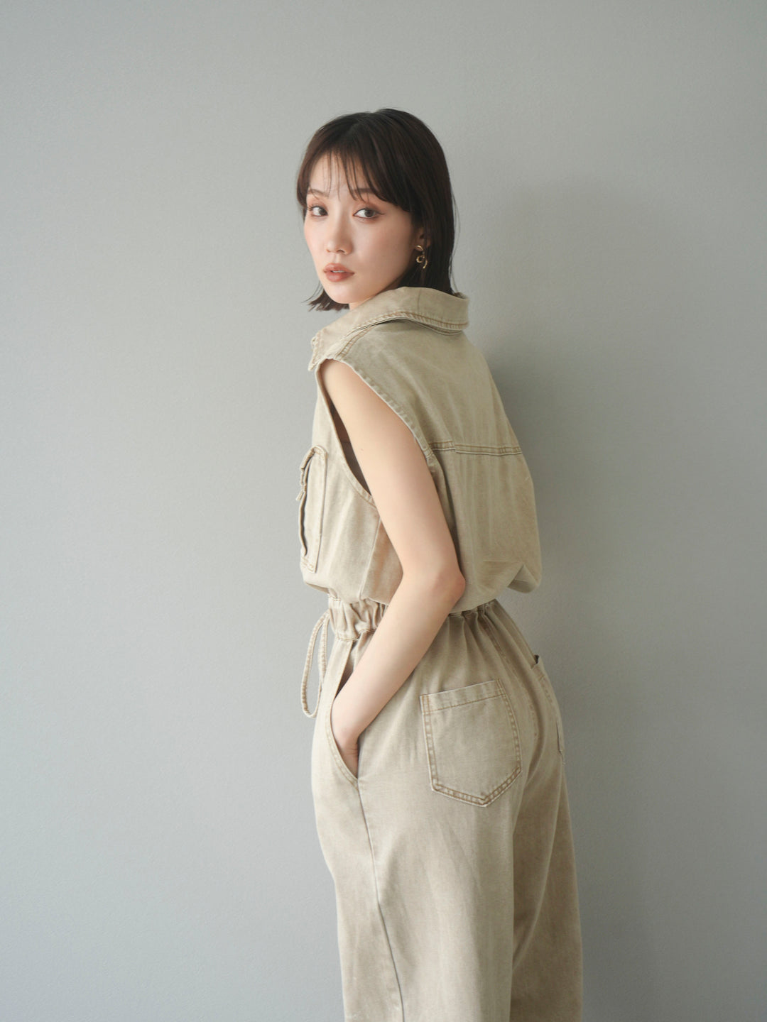 [予約]ポケットデザインデニムオールインワン/キャメル