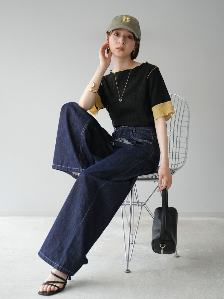 [SET] 百褶同色船領套頭衫 + 臀部設計牛仔褲（2 件組）
