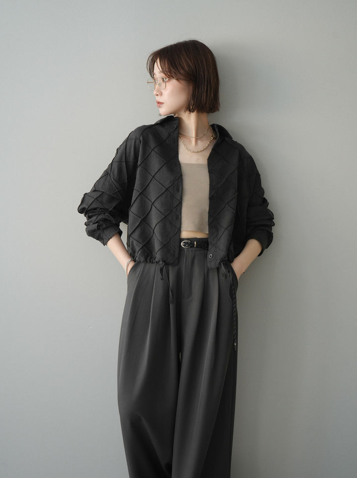 [SET]パイピングクロスデザインブラウス+編み込みベルト付タックワイドパンツ(2set)