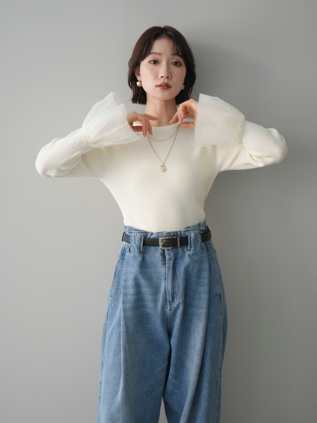 [SET]袖チュールパワショルリブニットトップス+選べるアクセセット(2set)