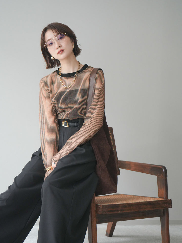 [SET]シアーストライプメッシュトップス+ドレープタックベルトループパンツ(2set)