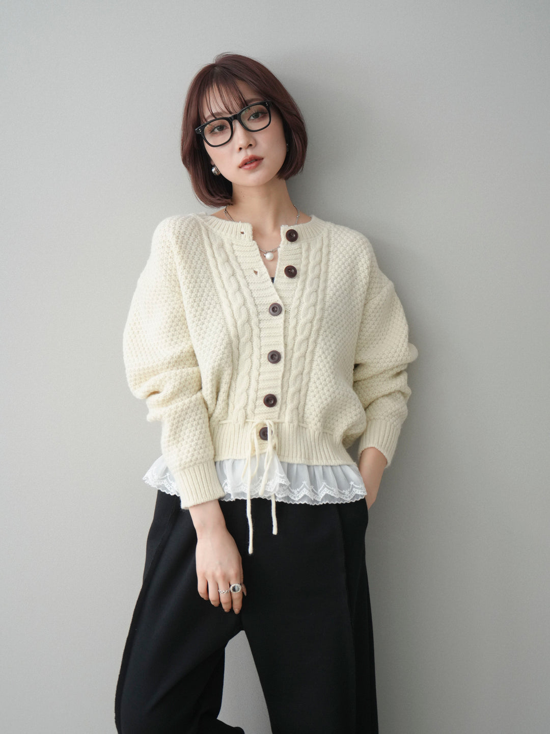 [SET]裾レースケーブルニットカーディガン+2WAYデザインスウェットパンツ(2set)