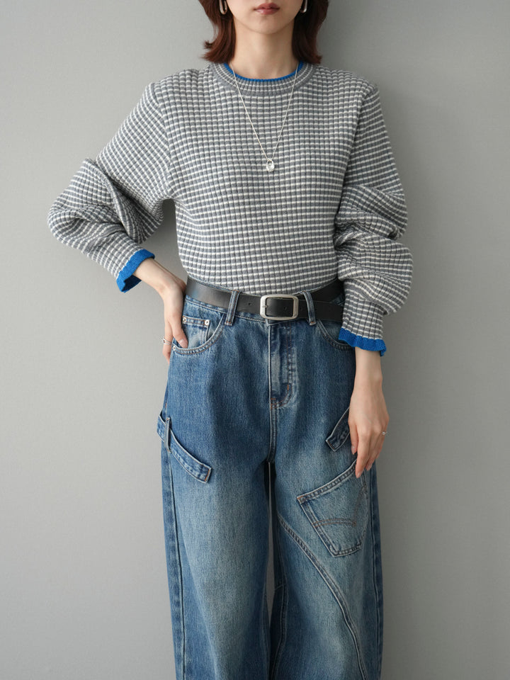 [SET]ラメ異素材ボーダーリブニットプルオーバー+ペインターカーブデニムパンツ(2set)