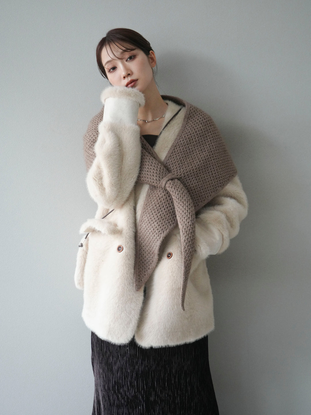 [予約]バッグ付エコファーノーカラーコート/beige