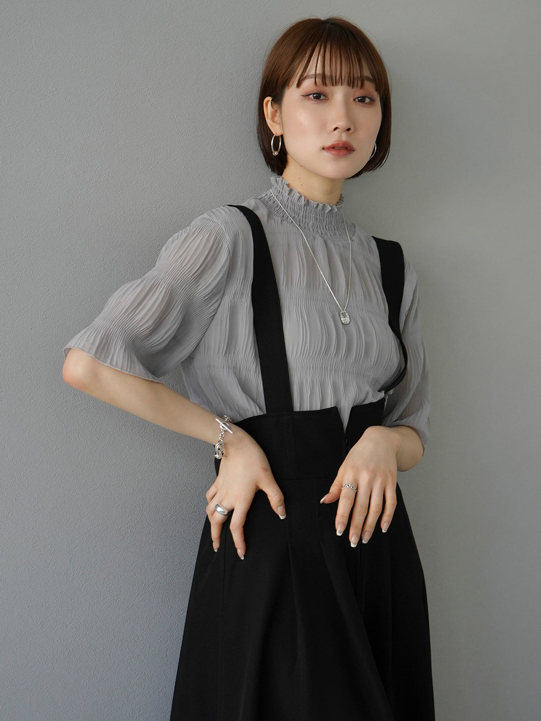 [SET] Shirring chiffon half sleeve blouse + 2WAY flare jumper skirt (2set)