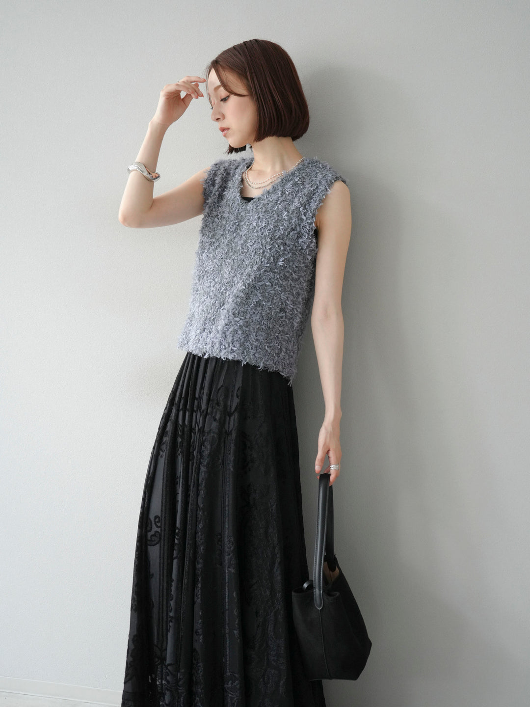 [SET]テープヤーンフリンジニットベスト+アンティーク柄フロッキーマキシスカート(2set)