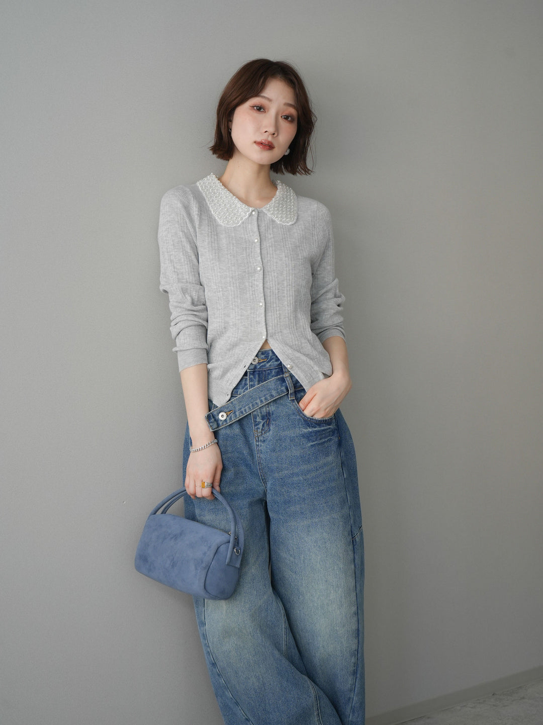 [予約]ビジュー襟パールボタンニットカーディガン/gray