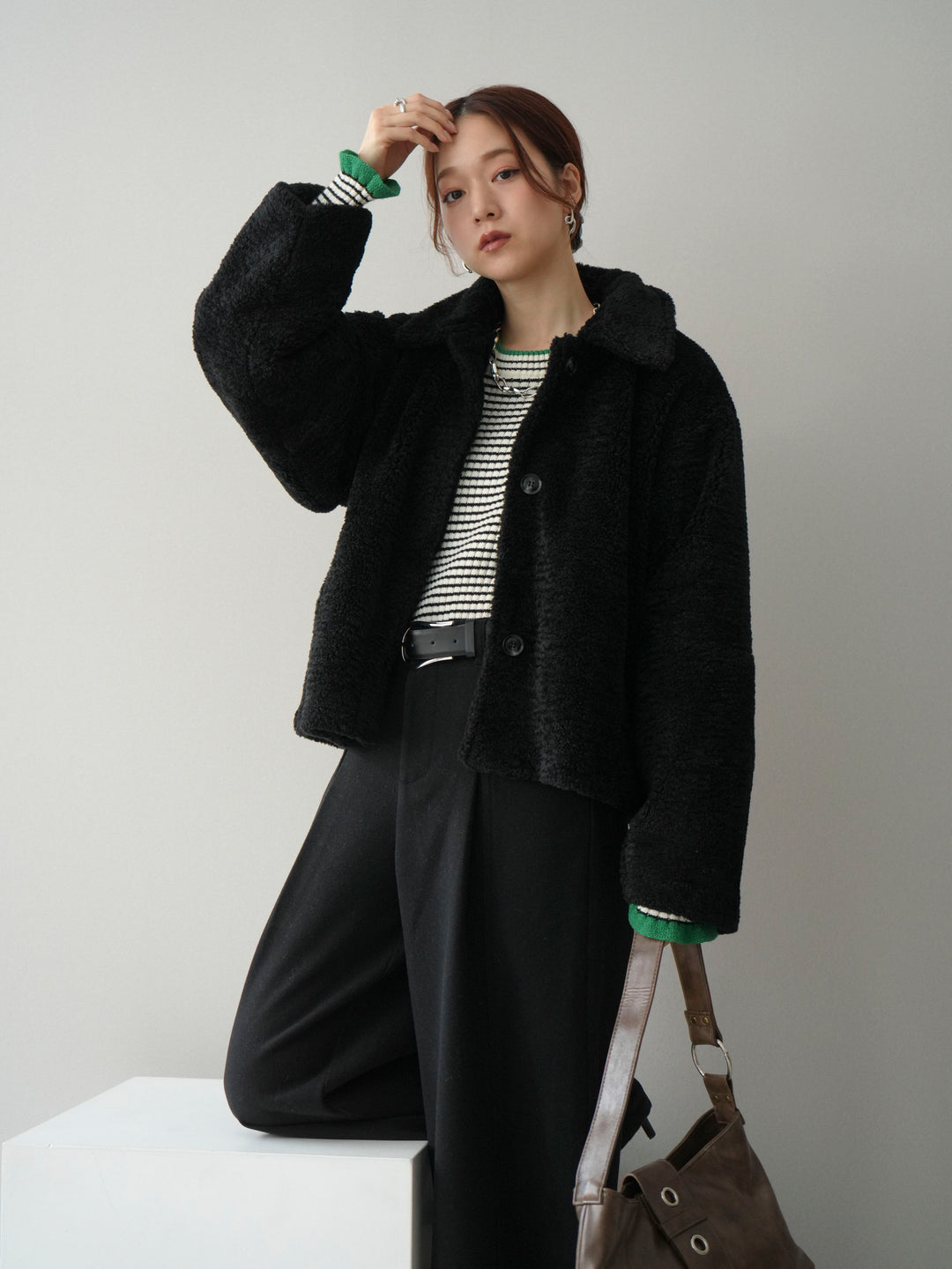 [SET]エコファーステンカラージャケット+ラメ異素材ボーダーリブニットプルオーバー+ベルト付起毛コクーンパンツ(3set)