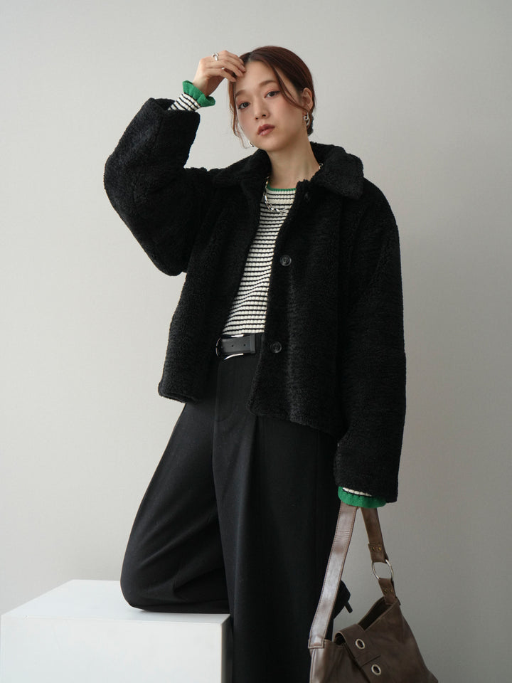 [SET]エコファーステンカラージャケット+ラメ異素材ボーダーリブニットプルオーバー+ベルト付起毛コクーンパンツ(3set)