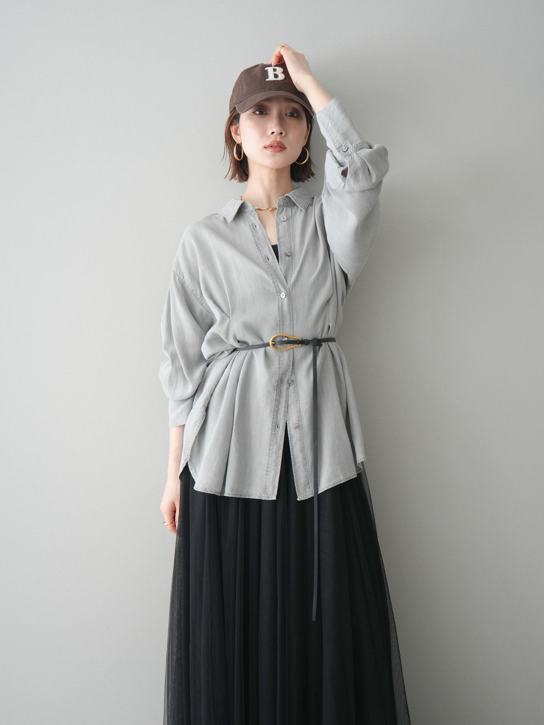 [SET]テンセルデニムタックシャツ+チュールボリュームスカート(2set)