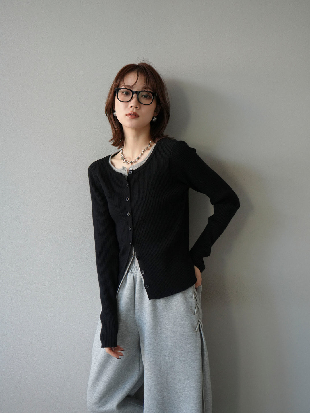 [予約]レイヤード配色ニットカーディガン/ブラック