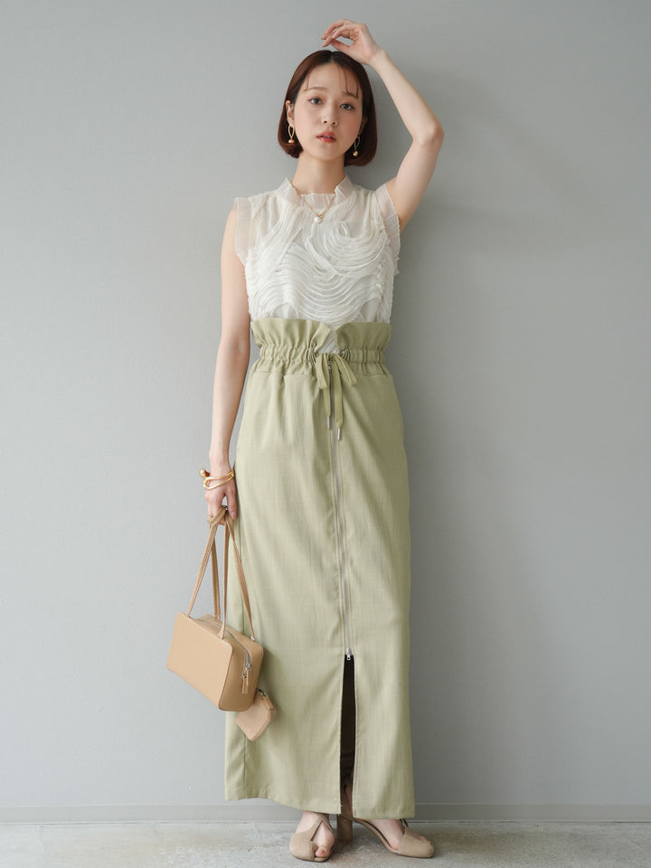 [SET]チュールジャガードノースリブラウス+ヘザーエステルギャザージップスカート(2set)