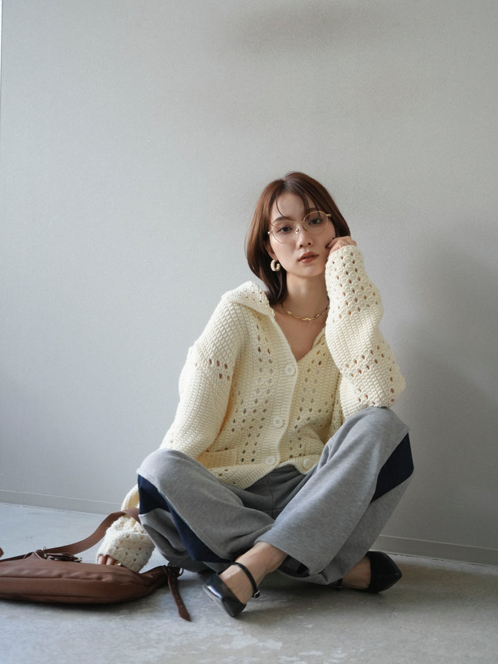 [予約]丸襟透かし編みニットカーディガン/オフ