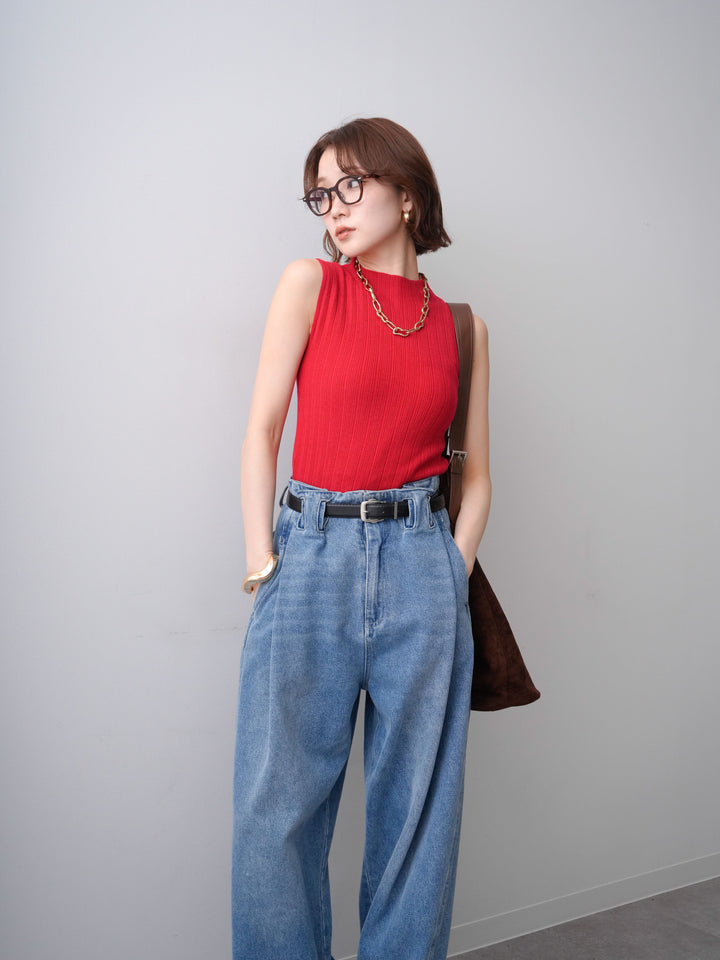[予約]ランダムリブハイネックノースリニットトップス/red
