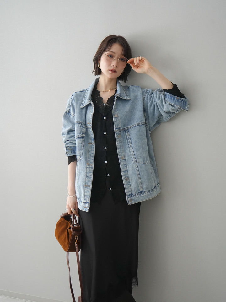 [SET]デザインBIGポケットオーバーデニムジャケット+レースネックジャガードニットカーディガン+サテンライクアシメレーススカート+センターシームフレアパンツ(4set))