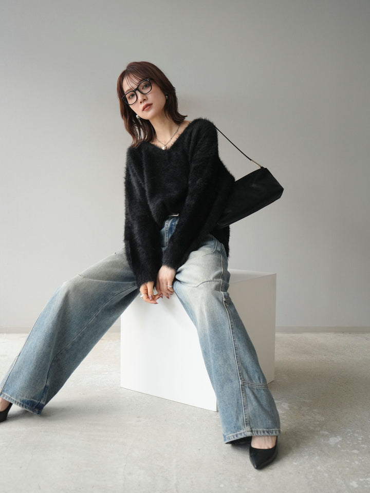 [予約]バックリボンVネックシャギーニットプルオーバー/black