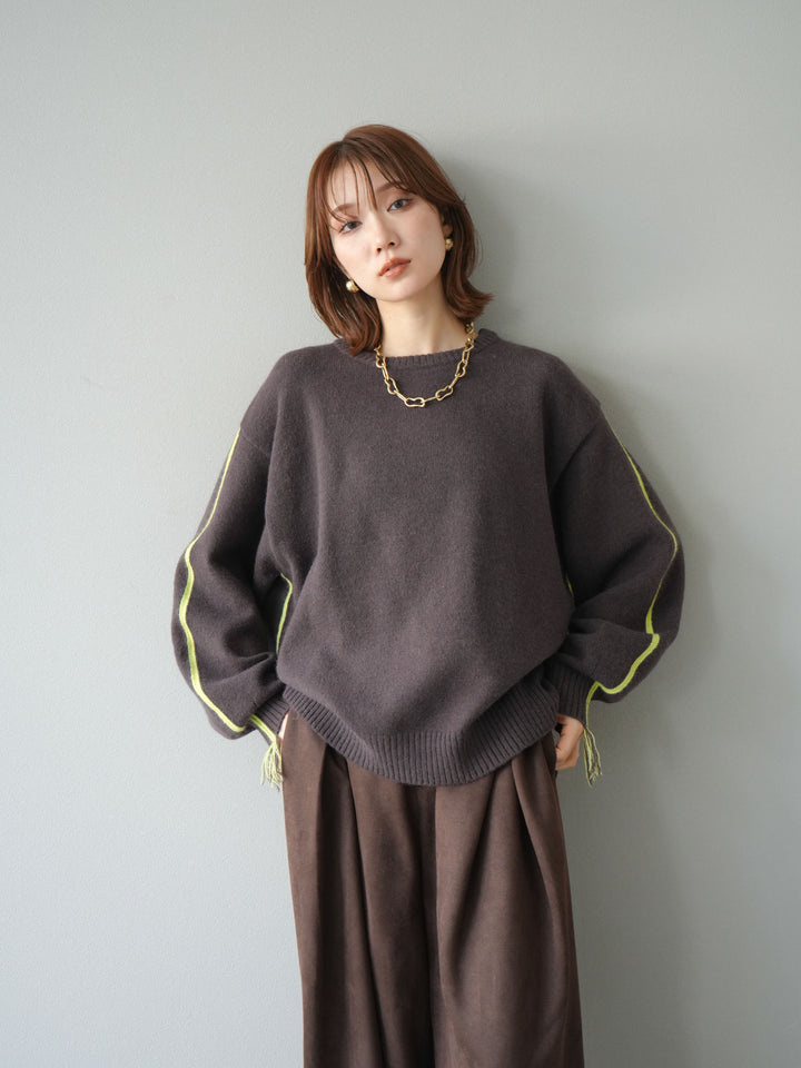 [SET]配色ステッチフリンジニットプルオーバー +スウェードタックワイドパンツ(2set)