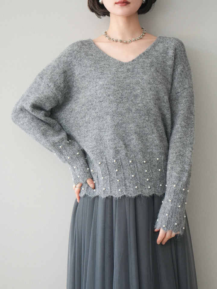 [SET]パールフリルリブヘムニットプルオーバー+チュールボリュームスカート(2set)