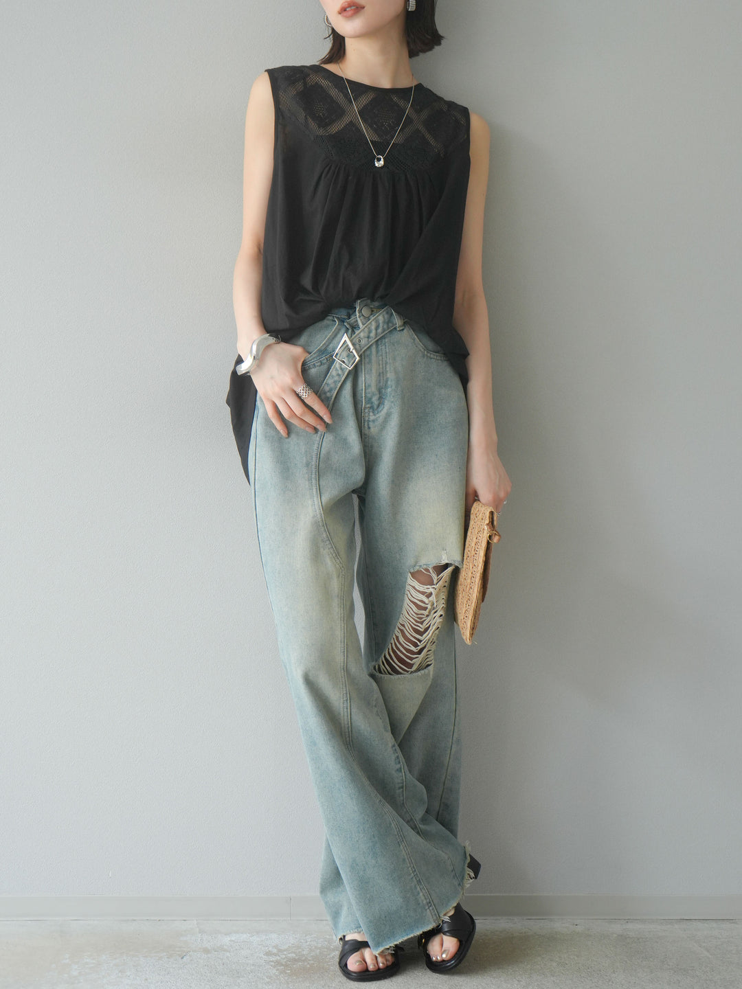 [予約]インド製コットンレース切替ノースリブラウス/ブラック