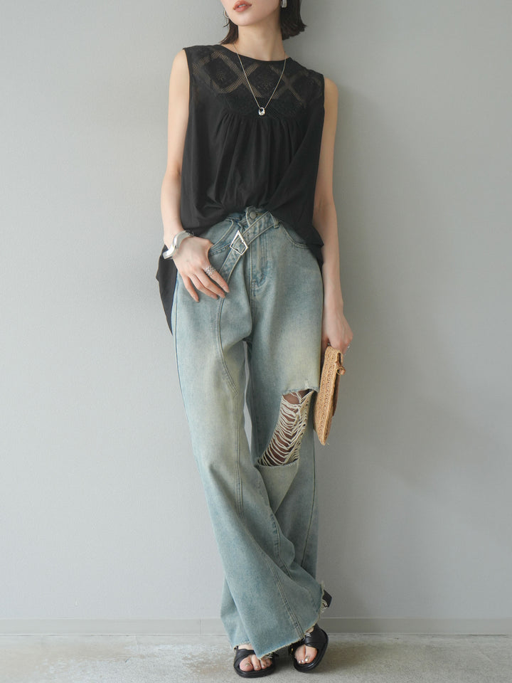 [予約]インド製コットンレース切替ノースリブラウス/ブラック