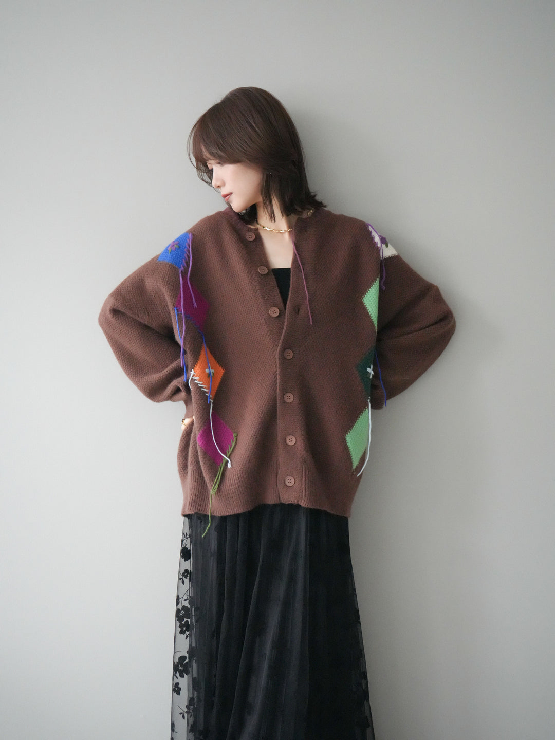 [予約]ハンドステッチアーガイルデザインニットカーディガン/brown