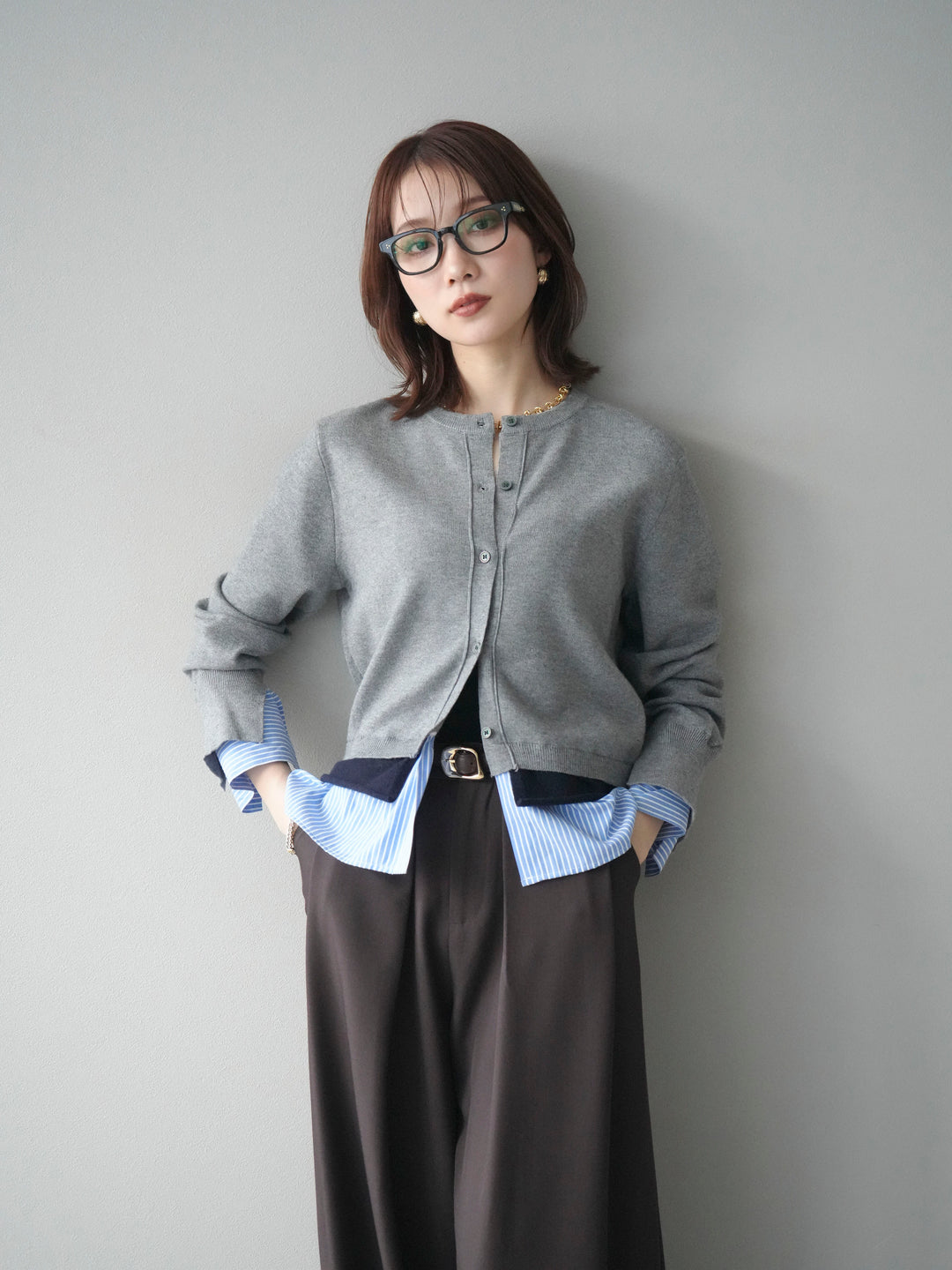 [予約]シャツ襟レイヤードニットカーディガン/gray