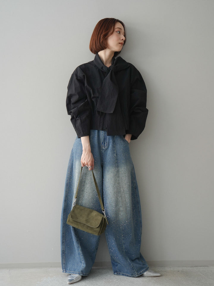 [SET]ボウタイ裾プリーツライトジャケット+フロントビジューカーブデニムパンツ(2set)