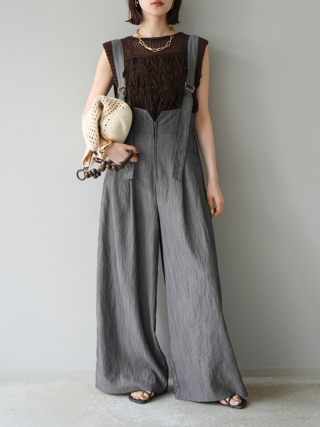 [予約]ストリングデザインハイウエストサロペット/チャコール