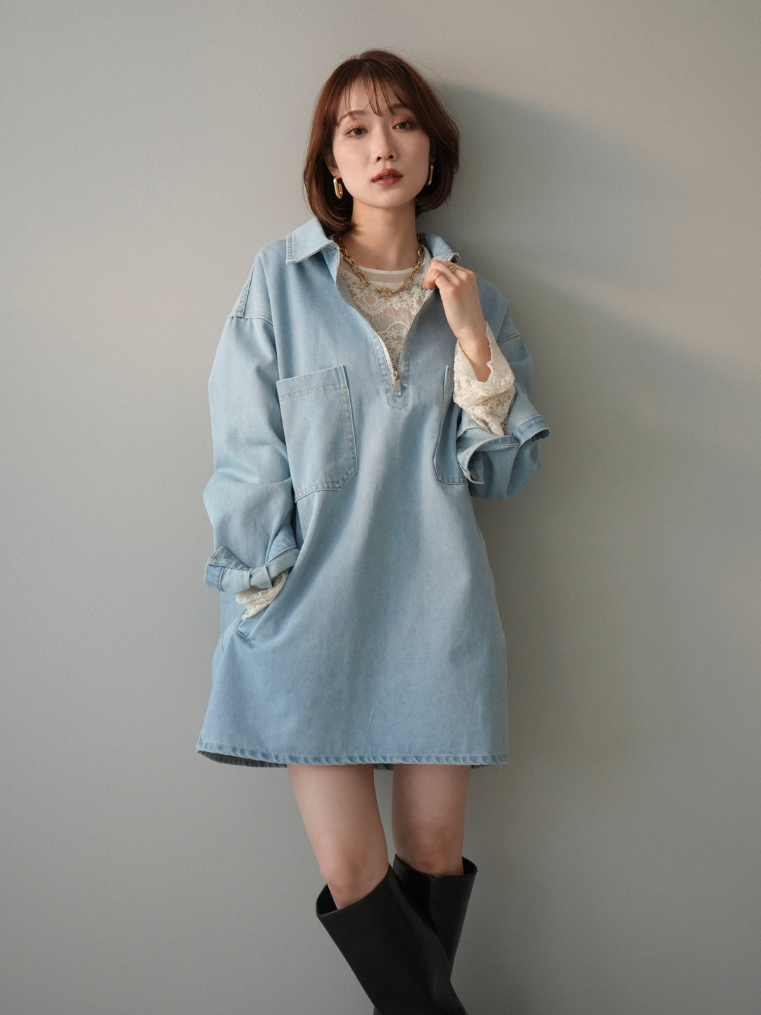 [SET]ハーフジップデニムミニワンピース+チュールレーストップス(2set)