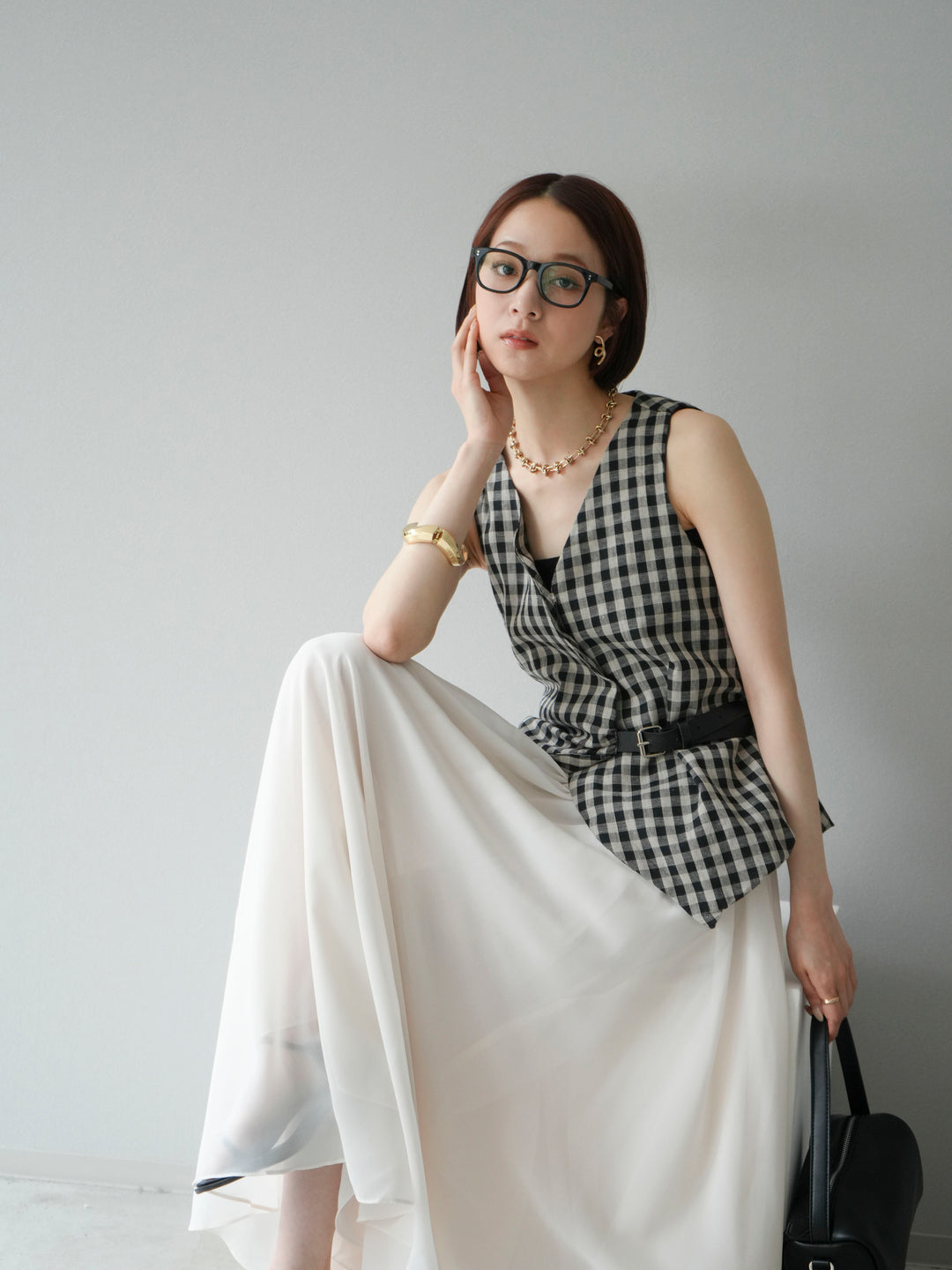 [SET]ベルトデザインバルーンブラウス+シフォンフレアスカート(2set)