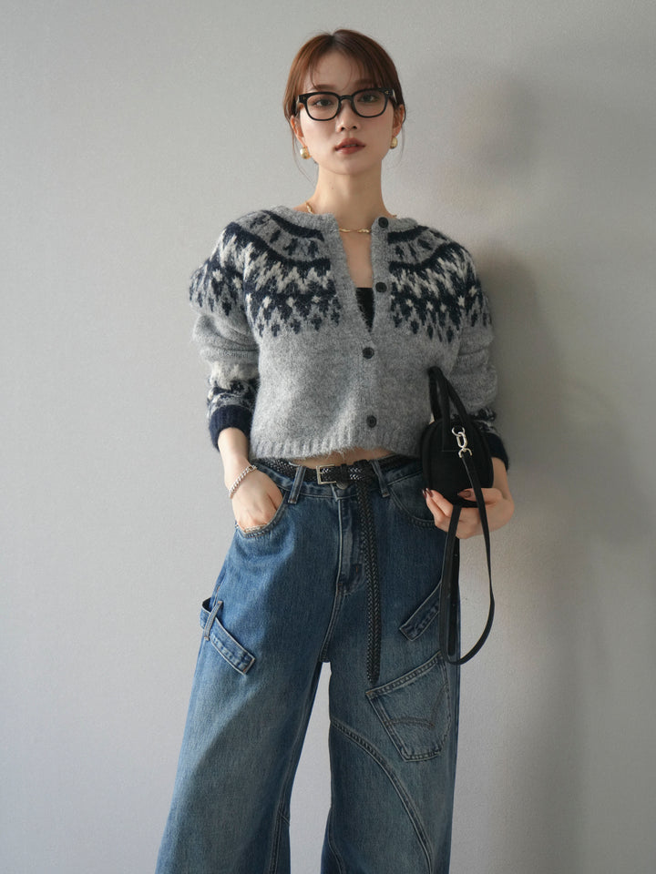 【着回しセット】[SET]求心柄クロップドニットカーディガン+ミックスヤーンペイズリー柄ニットカーディガン+ペインターカーブデニムパンツ(3set)