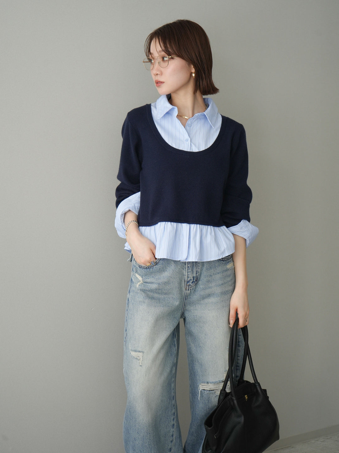 [予約]ストライプシャツUネックドッキングニットプルオーバー/navybluestripeB