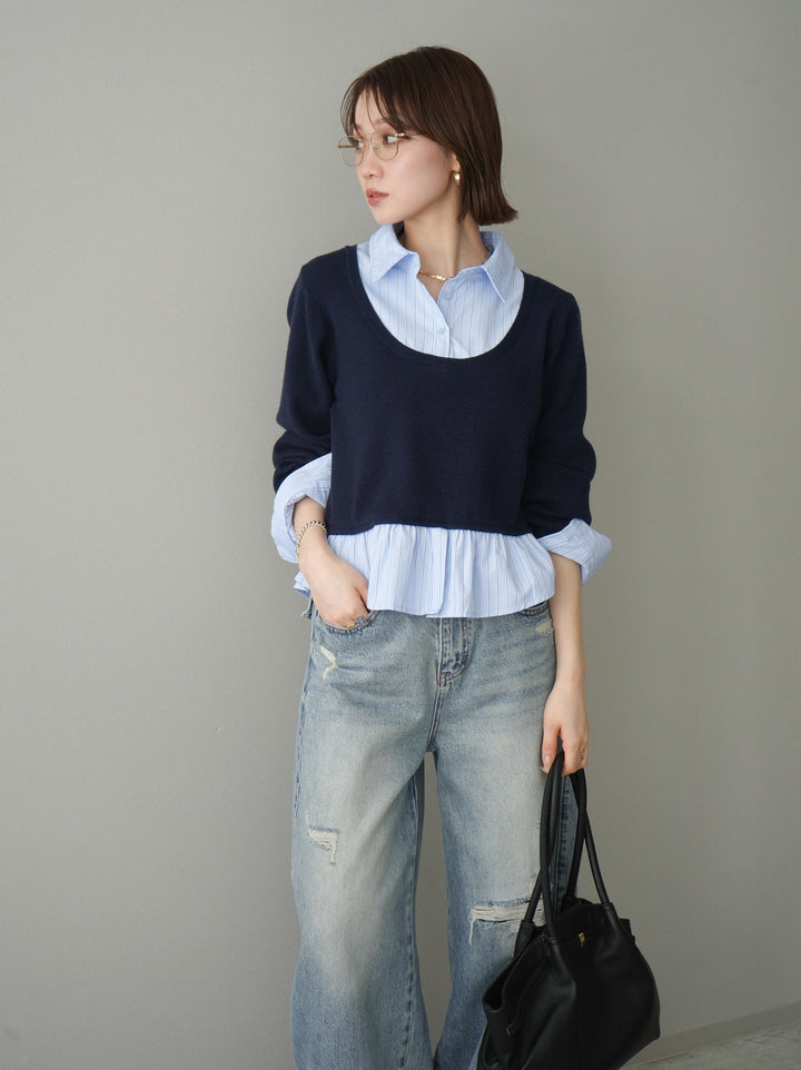 [予約]ストライプシャツUネックドッキングニットプルオーバー/navybluestripeB