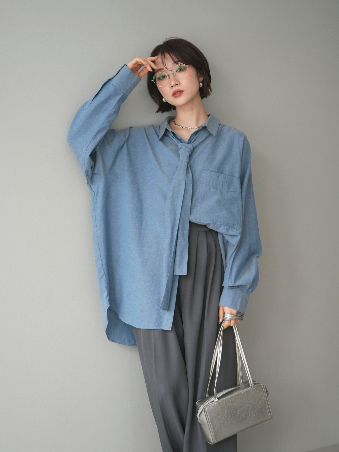 [予約]コットンライクボウタイオーバーシャツ/blue