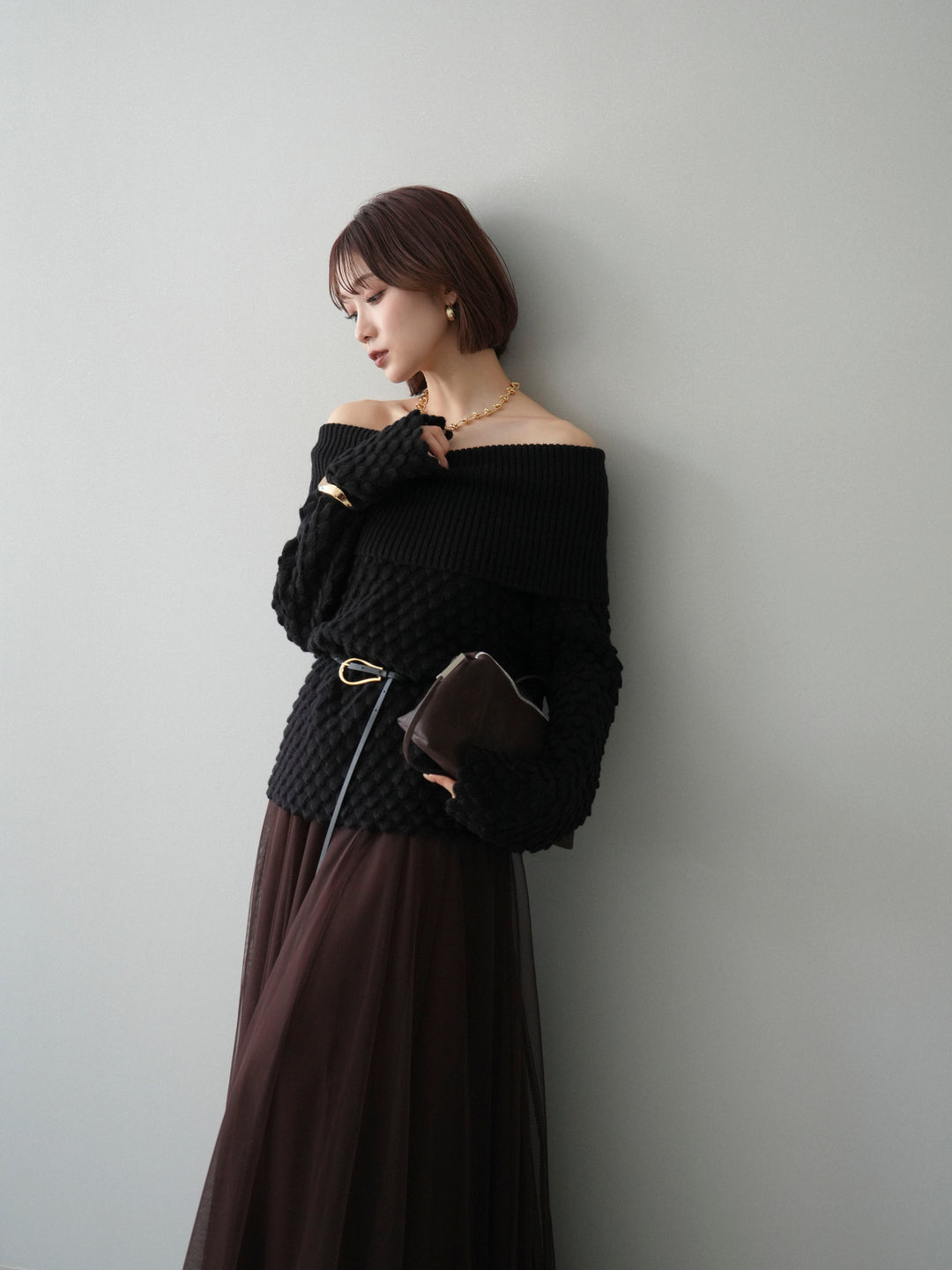 [予約]ポコポコ編みオフショルニットプルオーバー/black