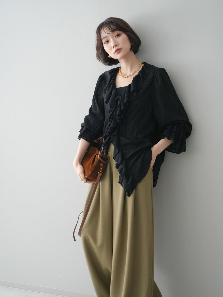 [予約]ラッフルレーススリットブラウス/black