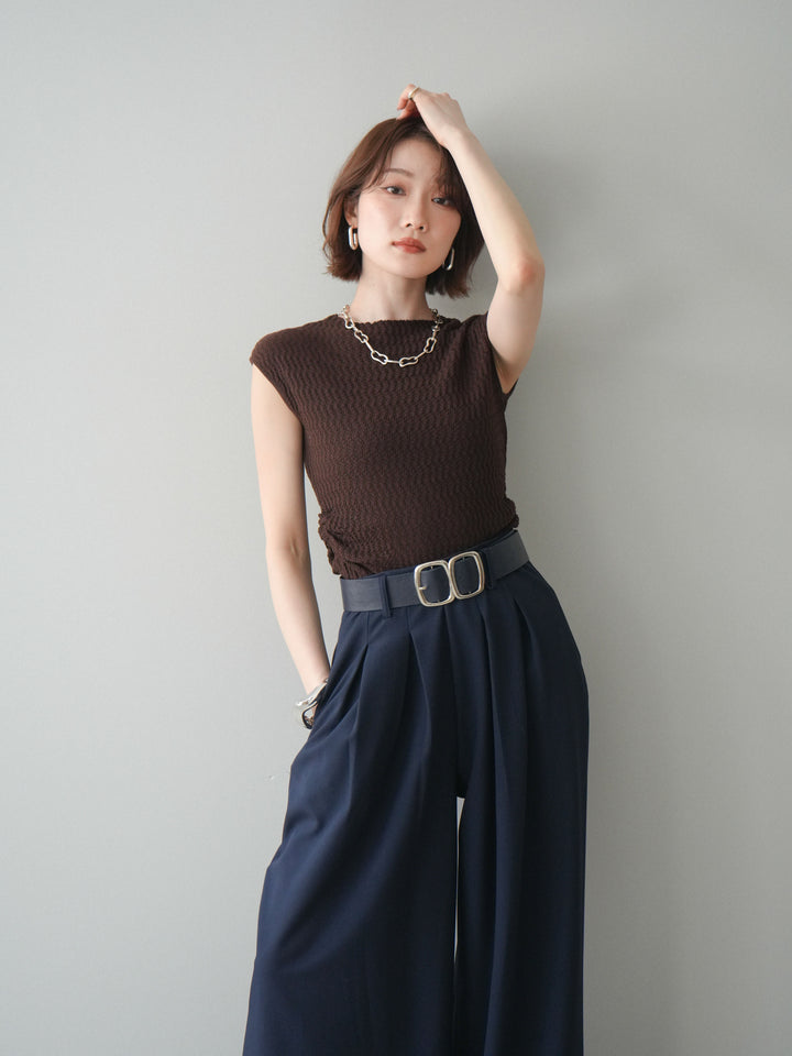 [予約]サイドシャーリングボトルネックノースリーブニットプルオーバー/brown