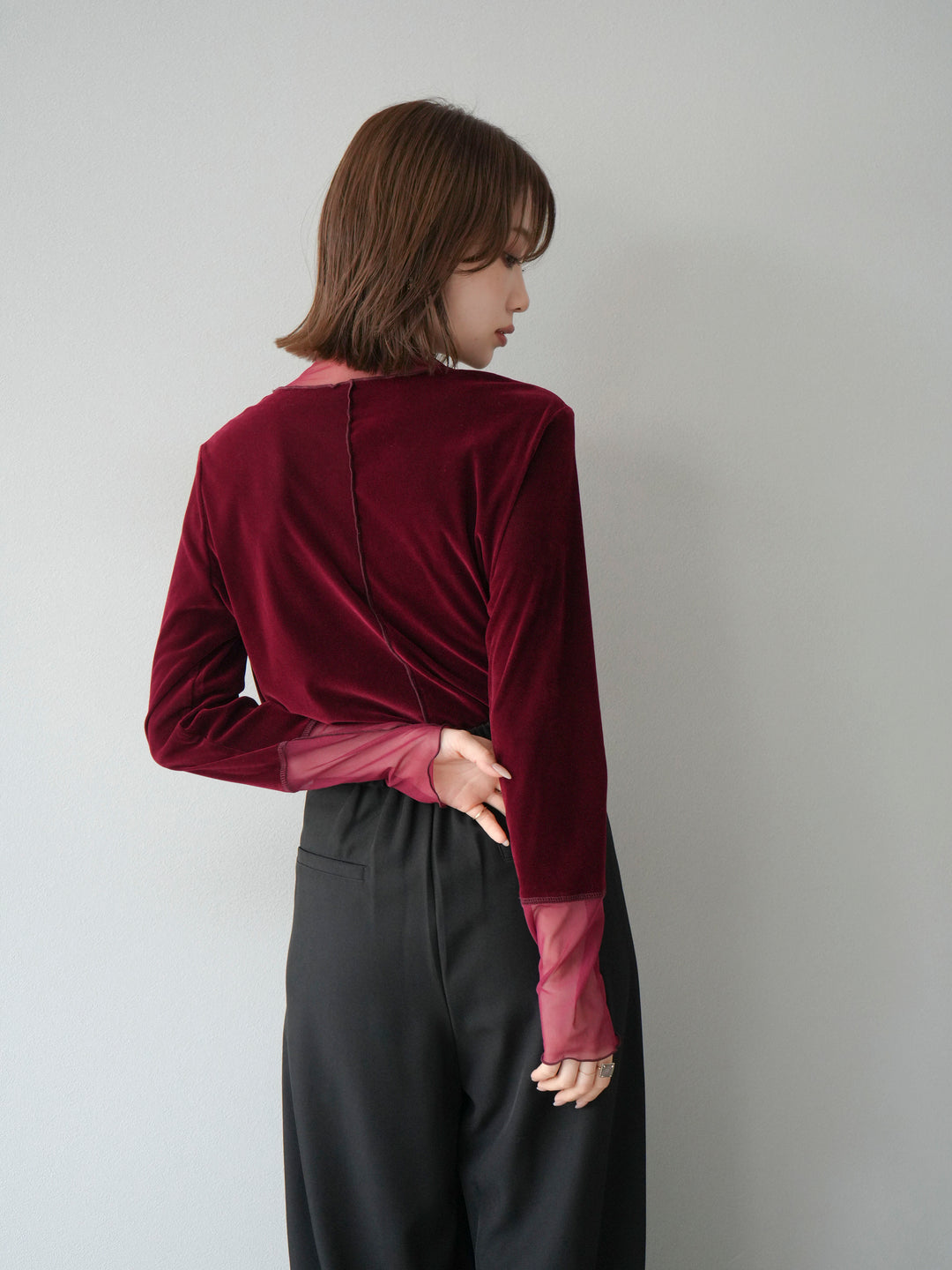 [預購] 薄紗天鵝絨上衣/酒紅色