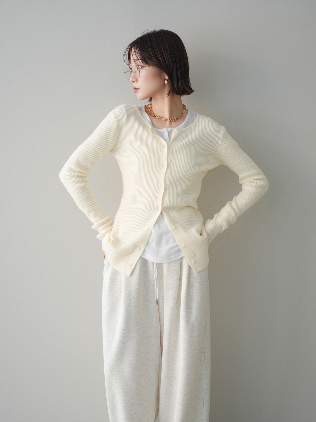 [予約]前後2WAYリブ編みクルーネックカーディガン/ivory