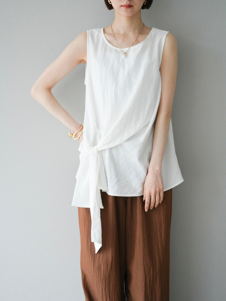 [SET] 前裹式無袖上衣+麻質下擺回型寬褲（2件組）