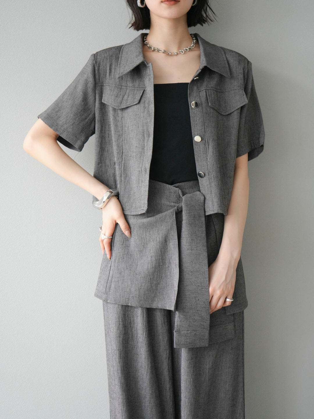 [SET]リネンタッチハーフシャツ＆ラップワイドパンツSET UP(2set)