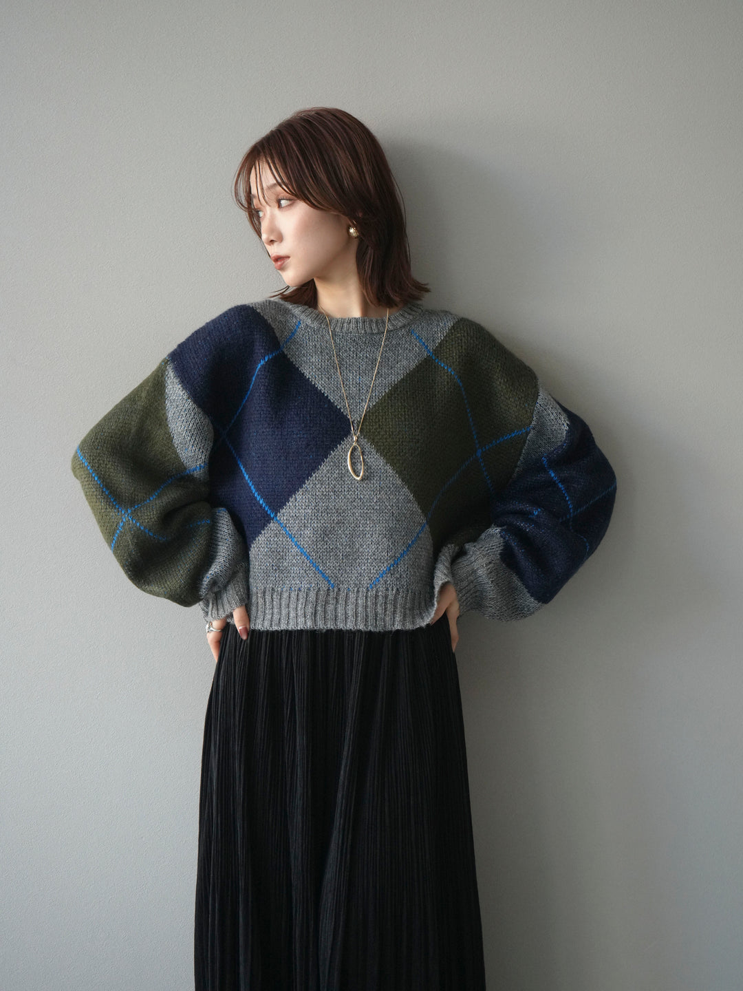 [SET]配色ステッチアーガイル柄ニットプルオーバー+配色ステッチアーガイル柄ニットプルオーバー(2set)