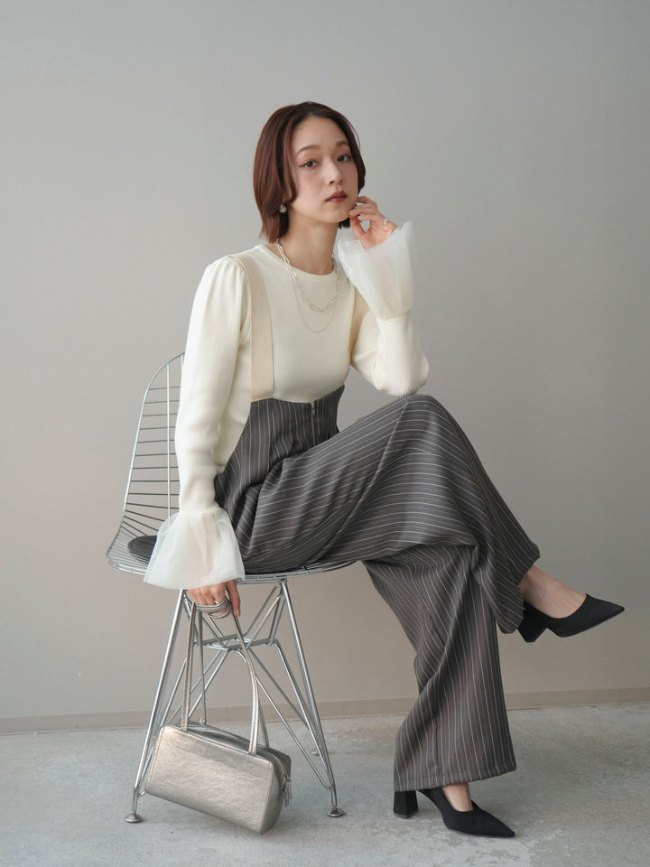 [SET]袖チュールパワショルリブニットトップス+グログランテープストライプサロペット(2set)
